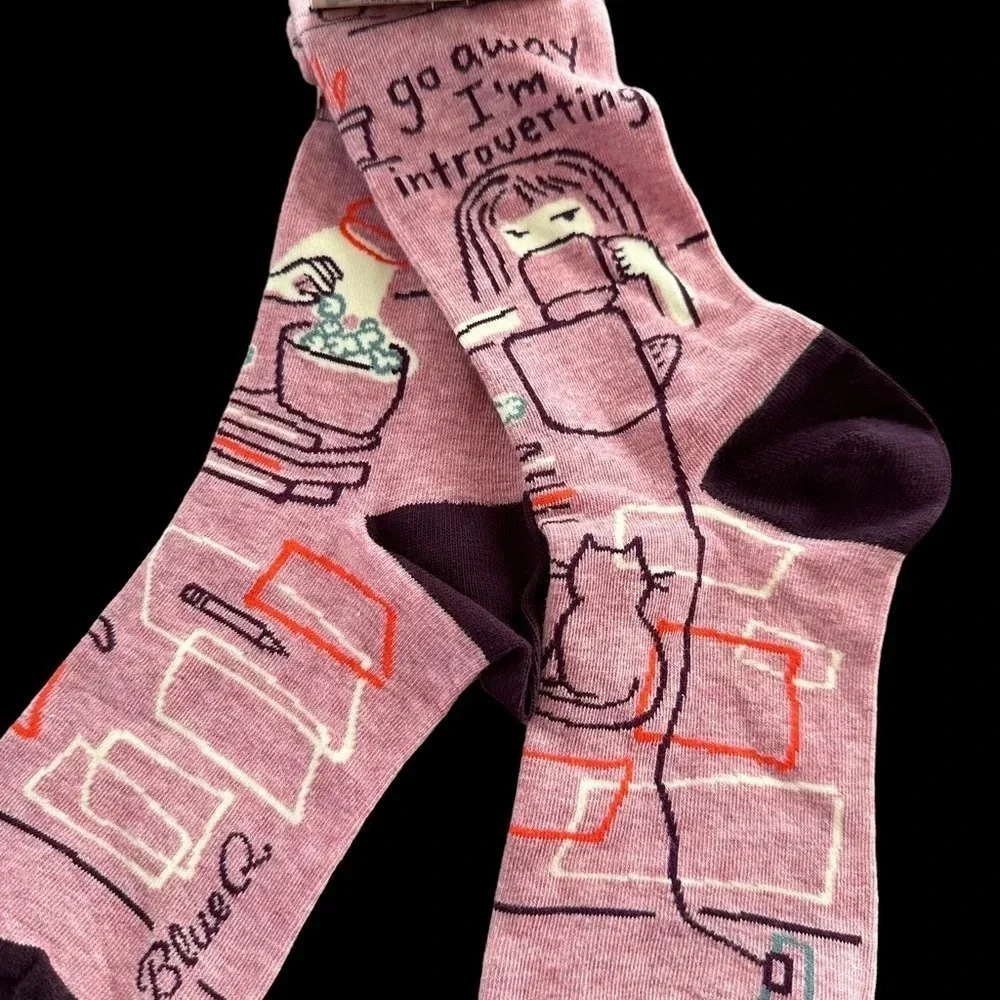 NWT Blue Q‎ Womens Crew Socks Go Away Introvert Cat Mom Novelty Fun Gag Gift New